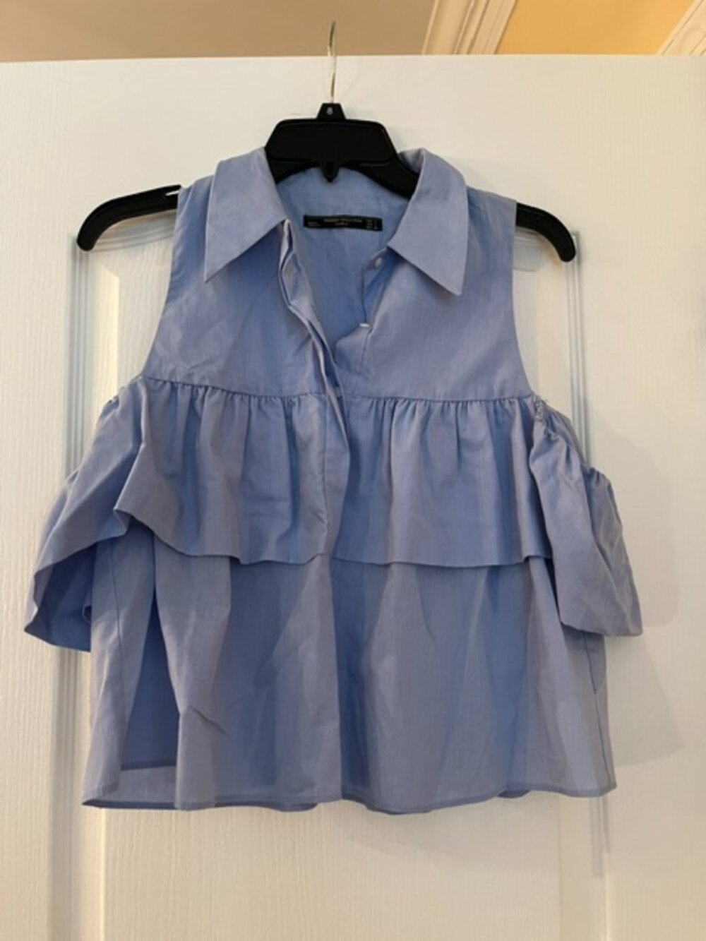 ZARA Traveling Collection Light Blue Puff‑Sleeve Blouse – S